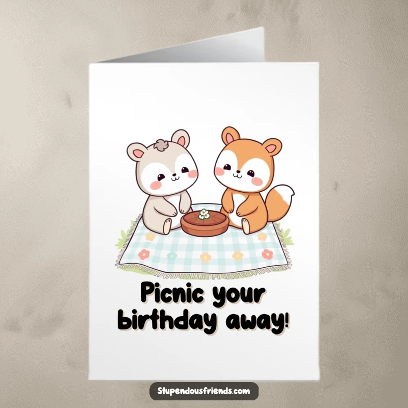 Funny Free Printable Birthday Card: Two smiling animal characters sharing a picnic blanket, enjoying a happy outdoor meal together.