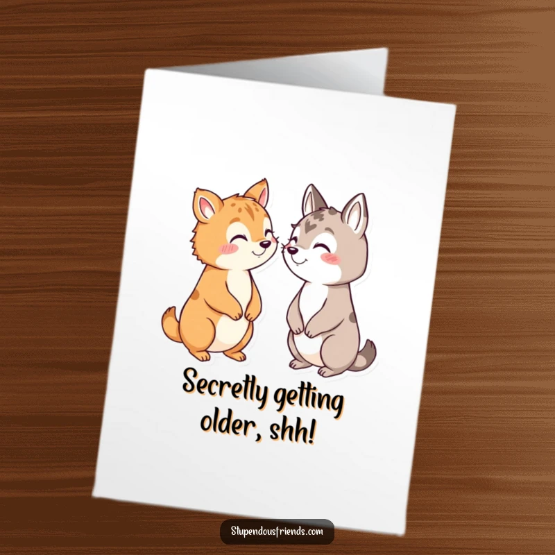 Funny Free Printable Birthday Card featuring two animals leaning in, sharing a secret with mischievous grins.