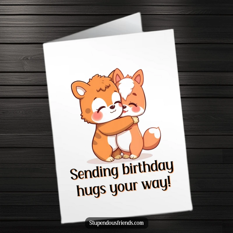Funny Free Printable Birthday Card showing one animal character giving a comforting hug.