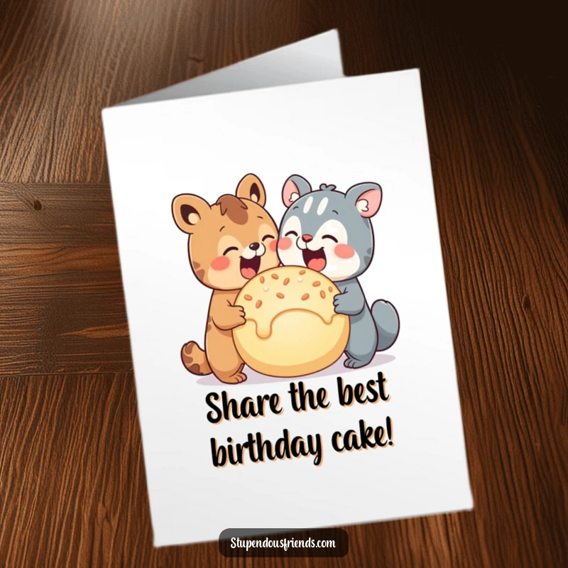 Funny Free Printable Birthday Card: Two animals happily share a giant, mouth-watering treat together.