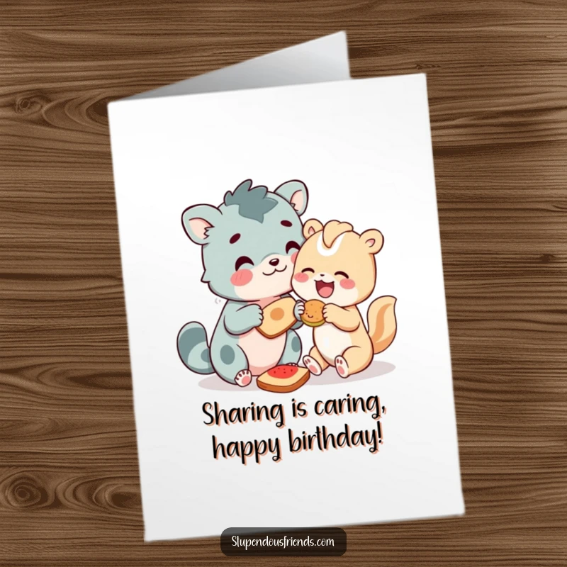 Funny Free Printable Birthday Card: Two happy animal characters generously share a delicious-looking food item with smiles.