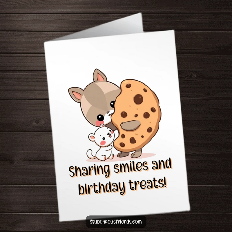 Funny Free Printable Birthday Card featuring an animal character generously sharing a giant cookie with a smaller friend.