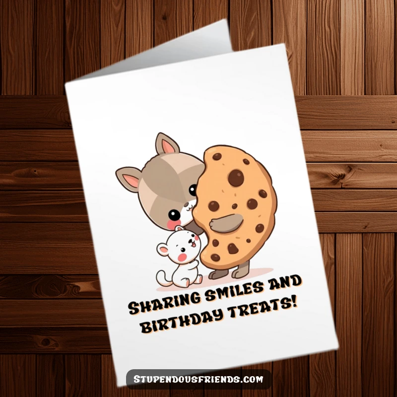 Funny Free Printable Birthday Card featuring an animal character generously sharing a giant cookie with a smaller friend.
