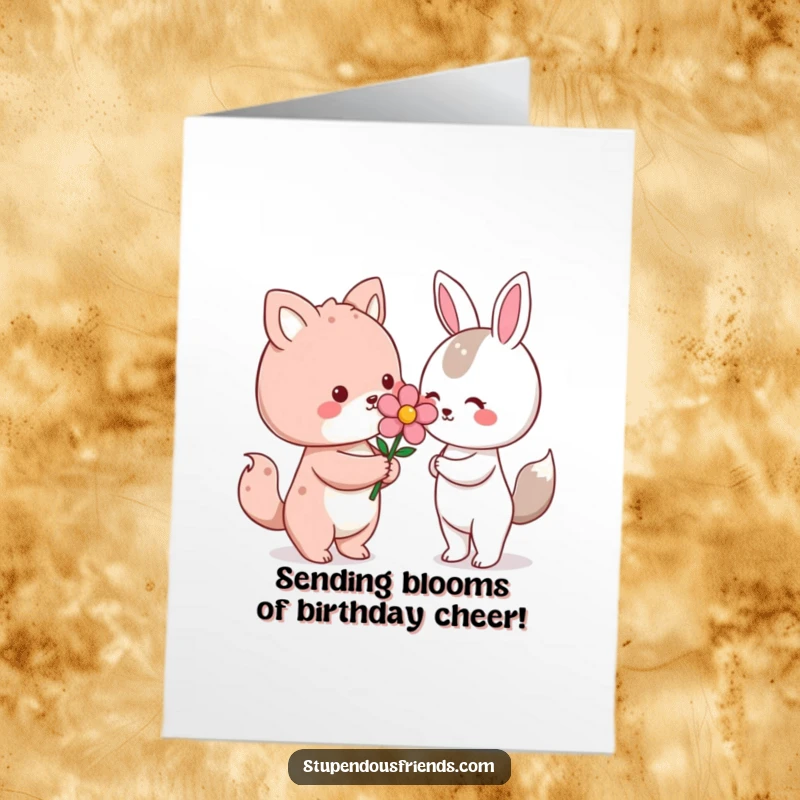 Funny Free Printable Birthday Card: A cute Kawaii animal tenderly offering a vibrant flower to another character, symbolizing kindness.
