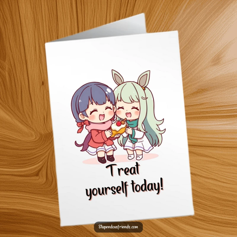 Funny Free Printable Birthday Card: Character generously sharing a delicious treat with a gleeful, happy friend, downloadable.