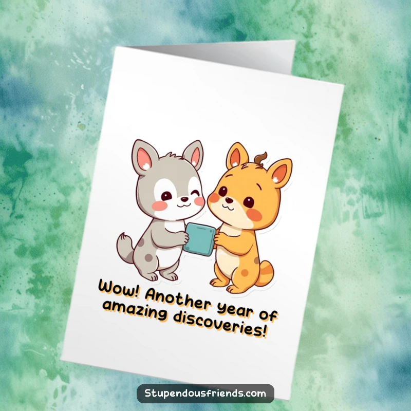 Funny Free Printable Birthday Card showing two animal characters looking at a discovery with delight.