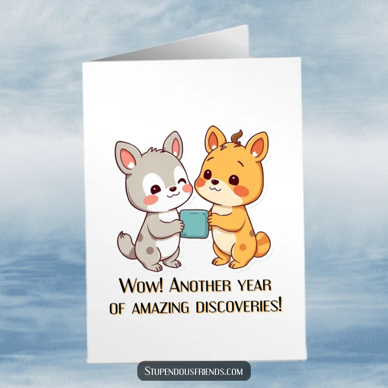 Funny Free Printable Birthday Card showing two animal characters looking at a discovery with delight.