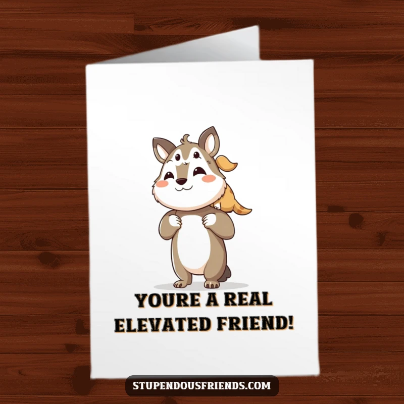Funny Free Printable Birthday Card showing one animal character lifting another onto its shoulders.