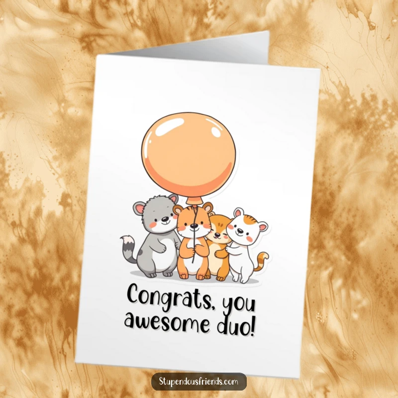 Funny Free Printable Congratulations Card: Animal characters sharing a large, colorful balloon, faces beaming with shared happiness.