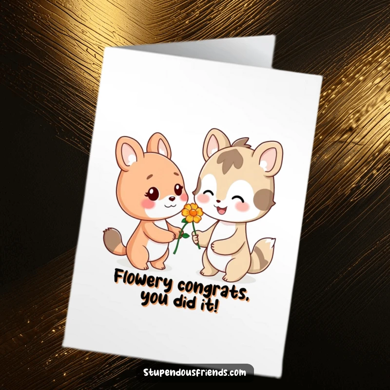 Funny Free Printable Congratulations Card: One animal smilingly presents a flower to another in celebration.