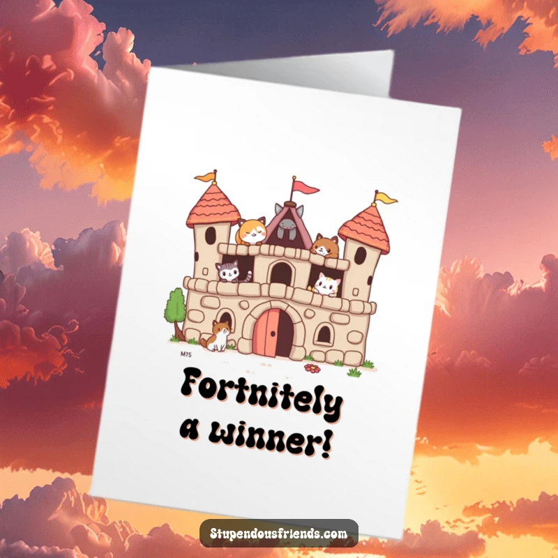 Funny Free Printable Congratulations Card: Animal friends proudly surveying their completed whimsical fort, celebrating teamwork and shared success.