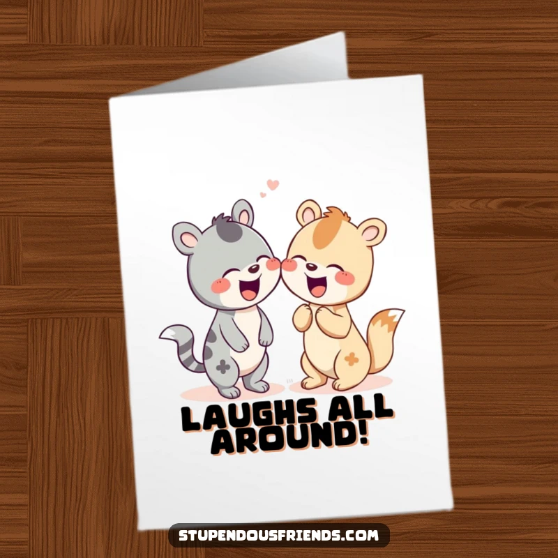 Free Printable Congratulations Card featuring two cheerful animal characters caught in a moment of shared laughter and giggles.