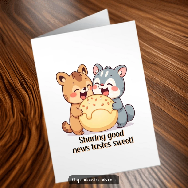 Funny Free Printable Congratulations Card: Two animals gleefully share a large, delicious treat in celebration.