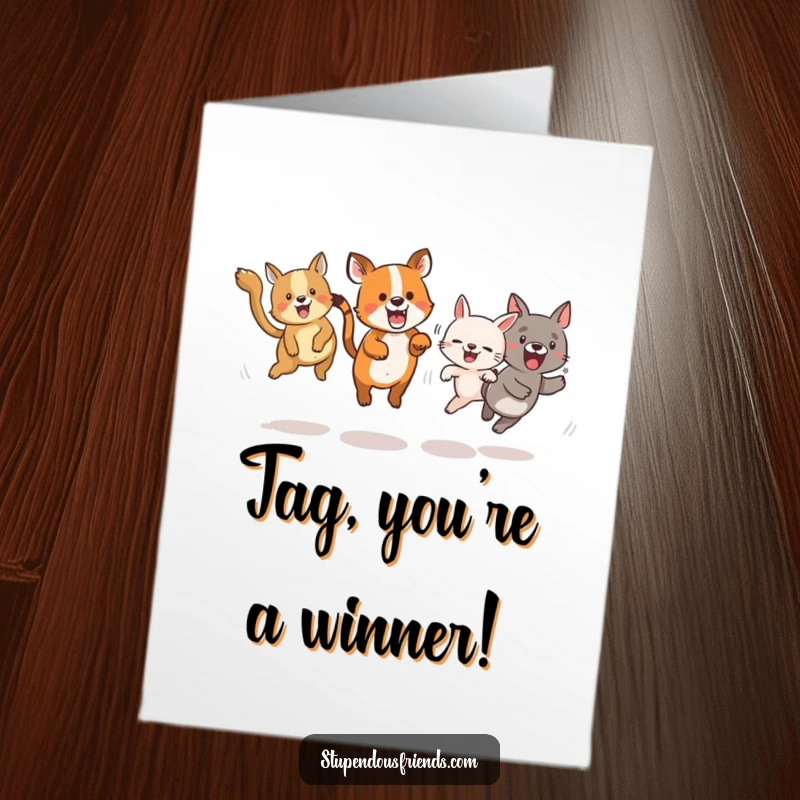 Funny Free Printable Congratulations Card depicts animals energetically leaping and playing tag, symbolizing a race to victory.