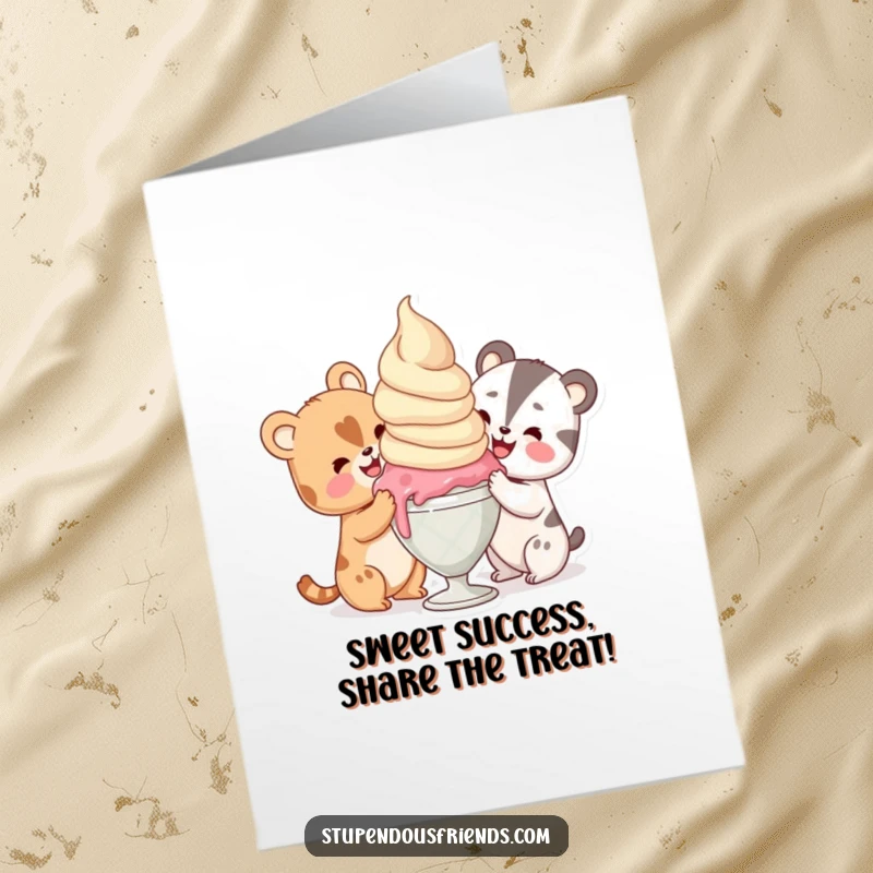 Funny Free Printable Congratulations Card: Animals gleefully sharing a huge ice cream scoop, embodying shared happiness.