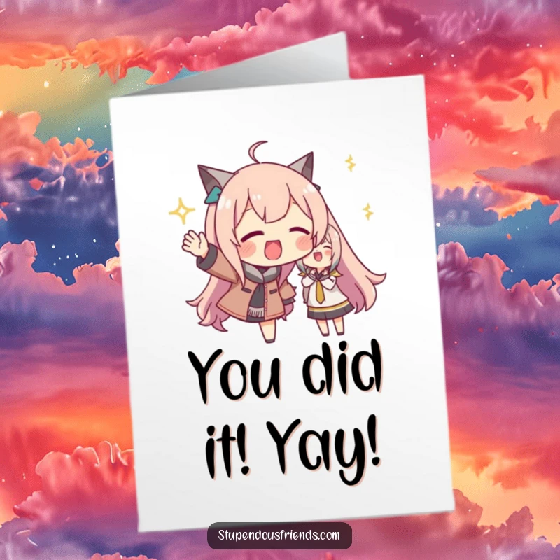 Funny Free Printable Congrats Card: One character vigorously cheering for a friend, celebrating success with energetic and contagious enthusiasm.