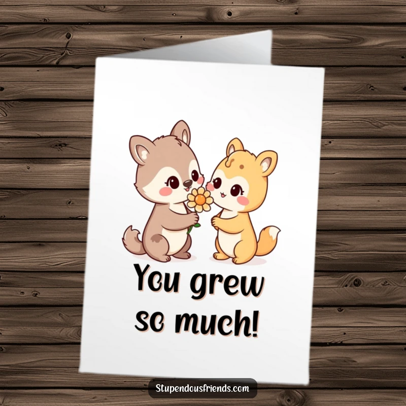 Funny Free Printable Congratulations Card: Animal character smiling warmly while offering a flower to a friend.