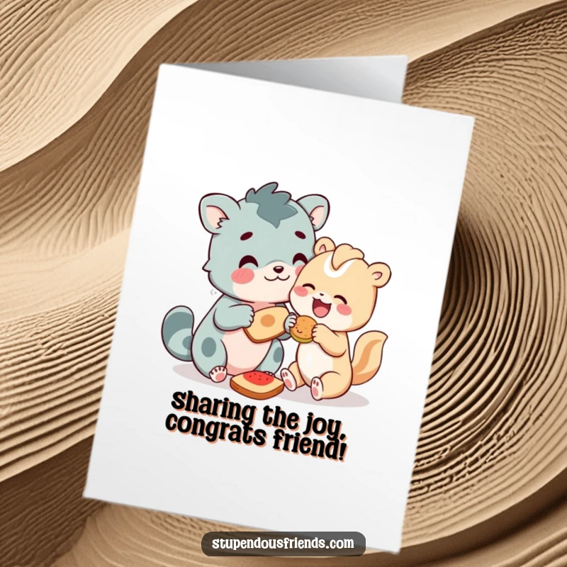 Funny Free Printable Congratulations Card: Two cheerful animal friends happily share their food in a gesture of kindness.
