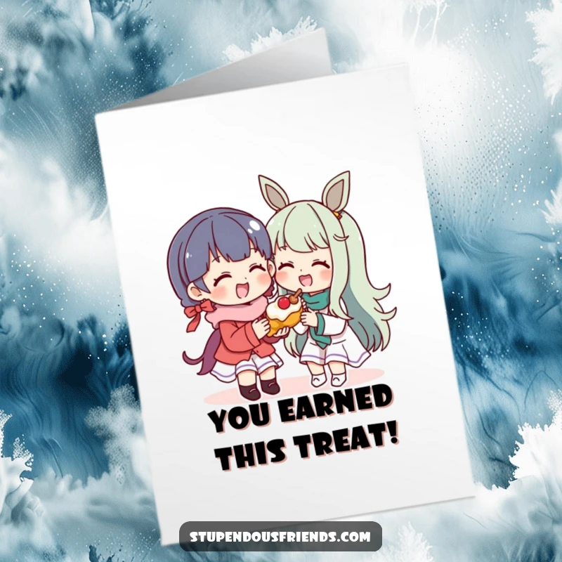 Funny Free Printable Congratulations Card: Character sharing a tasty treat with a delighted friend, perfect for a downloadable message.