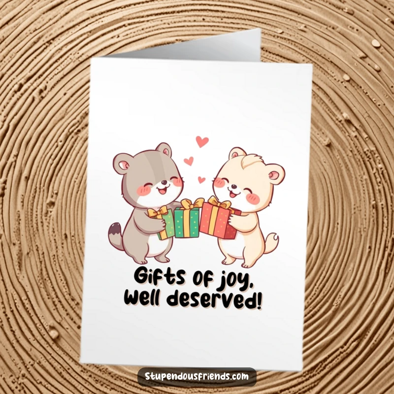 Funny Free Printable Congratulations Card: Animals joyfully exchanging colorful, wrapped presents, expressing pure delight.