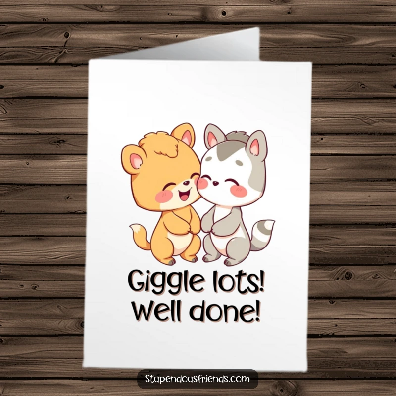 Funny Free Printable Congratulations Card: Two cute animals caught in a fit of giggles, celebrating an achievement with pure delight.