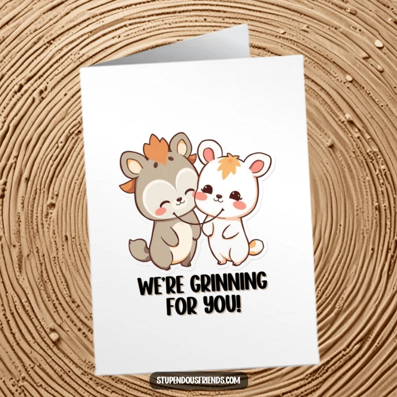 Funny Free Printable Congratulations Card, two stylized animal characters sharing a giant, massive smiley face, symbolizing shared happiness.