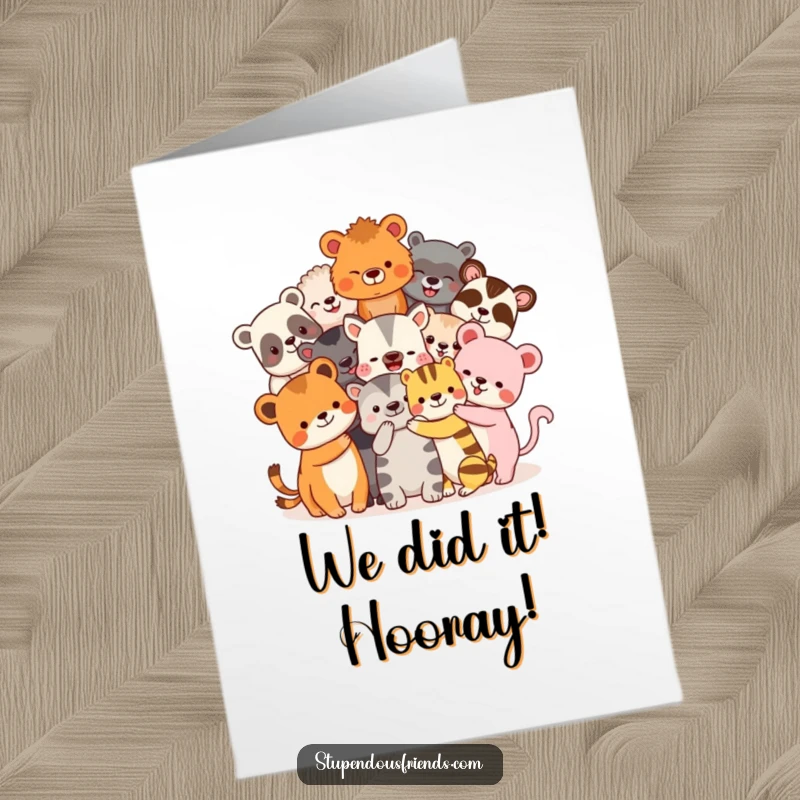 Funny Free Printable Congratulations Card: Diverse animal pals locked in a comical, giant hug, great for a downloadable message.