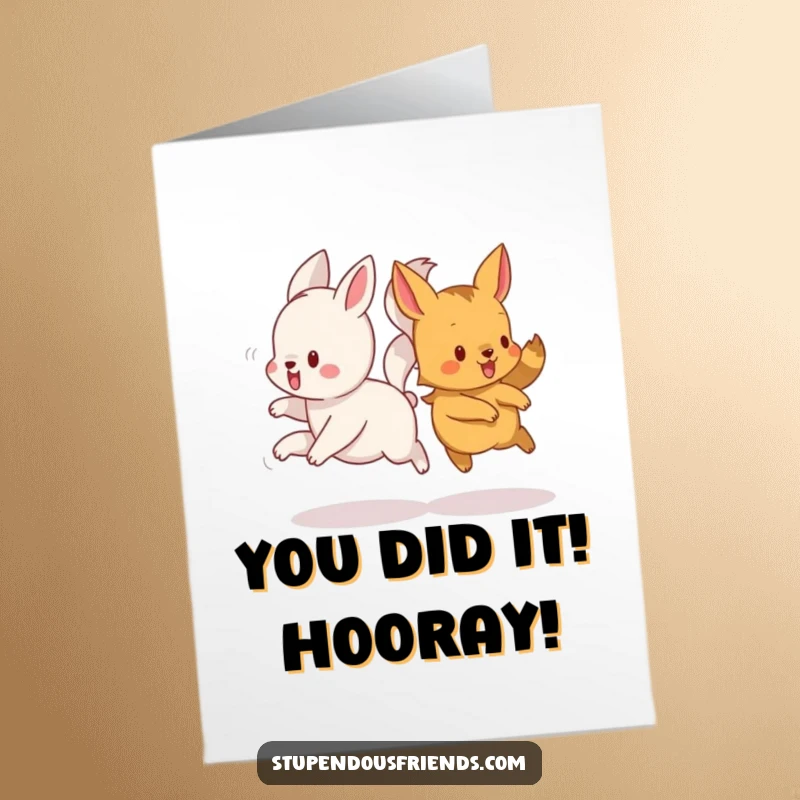 Funny Free Printable Congratulations Card showcasing energetic animals with tangled tails, celebrating a major win with pure fun.