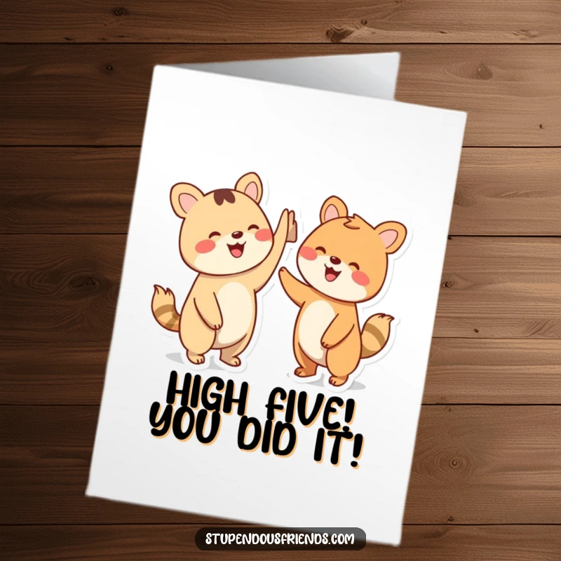 Funny Free Printable Congratulations Card featuring two simplified animal characters giving an enthusiastic high five, beaming with wide smiles of achievement.
