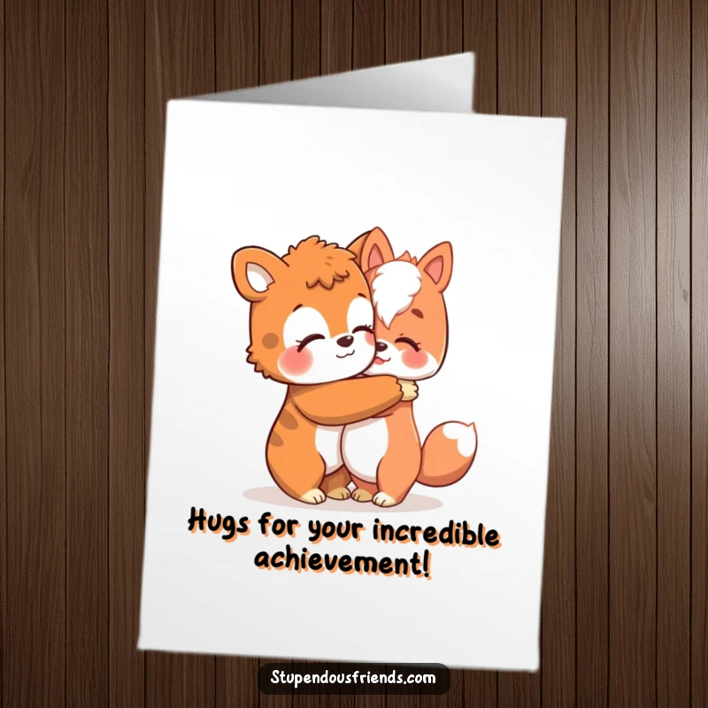 Funny Free Printable Congratulations Card featuring an animal character giving a warm hug.