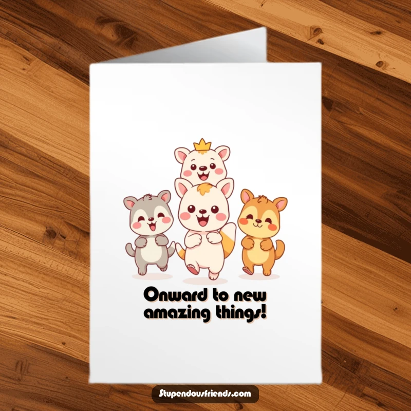 Funny Free Printable Congratulations Card: A friendly Kawaii animal leads companions forward, pointing the way to a grand, exciting adventure.
