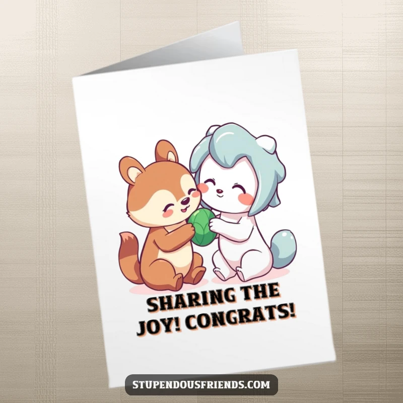Cute Free Printable Congratulations Card: An animal character generously sharing a toy with a friend, celebrating success through camaraderie, ready to print.