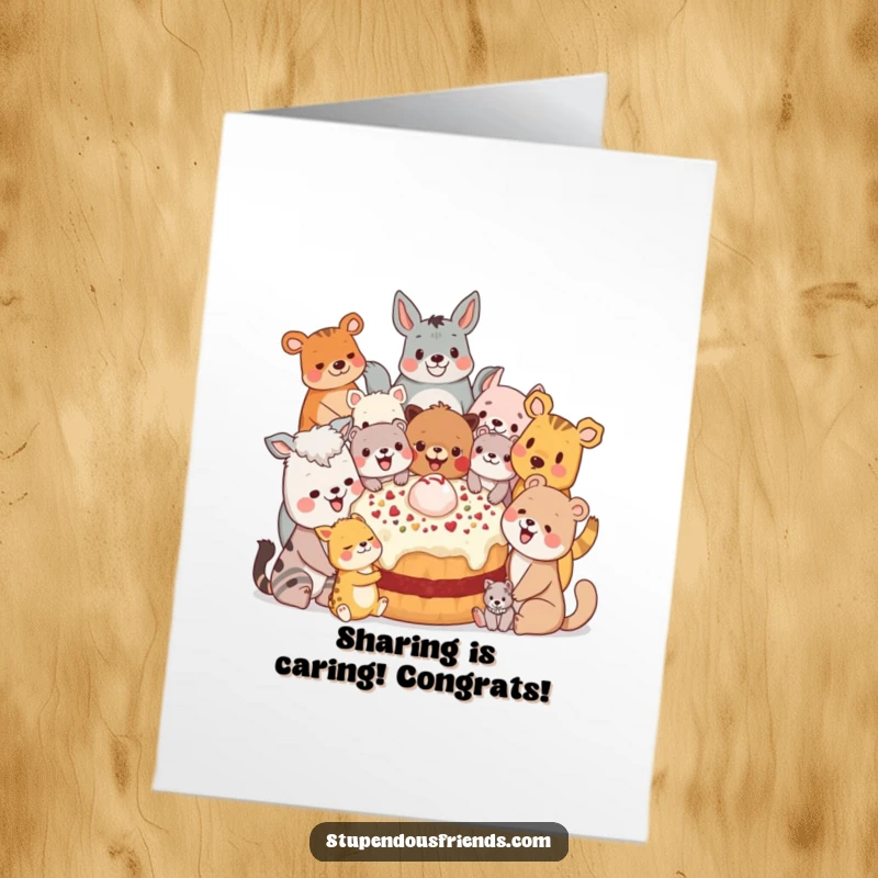 Funny Free Printable Congratulations Card depicting diverse animal characters uniting to share a massive, delectable treat, celebrating collective achievement.