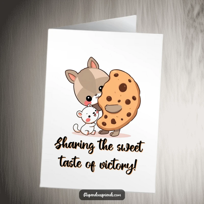 Funny Free Printable Congratulations Card with an animal character sharing a huge cookie with its smaller friend.