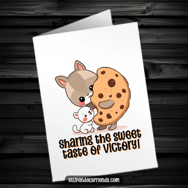 Funny Free Printable Congratulations Card with an animal character sharing a huge cookie with its smaller friend.