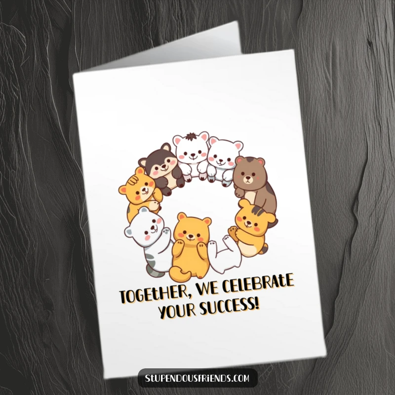 Funny Free Printable Congratulations Card showing diverse animal characters holding paws in a circle.