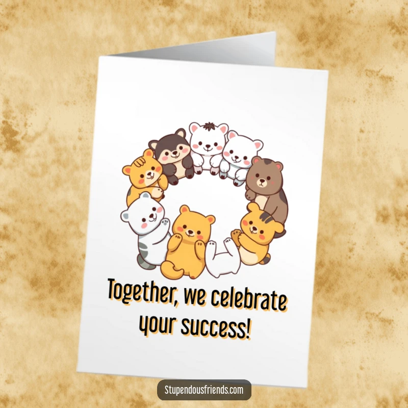 Funny Free Printable Congratulations Card showing diverse animal characters holding paws in a circle.
