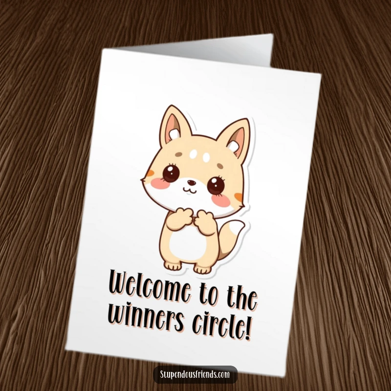 Funny Free Printable Congratulations Card: An animal character warmly welcomes another with an outstretched paw, celebrating new milestones.
