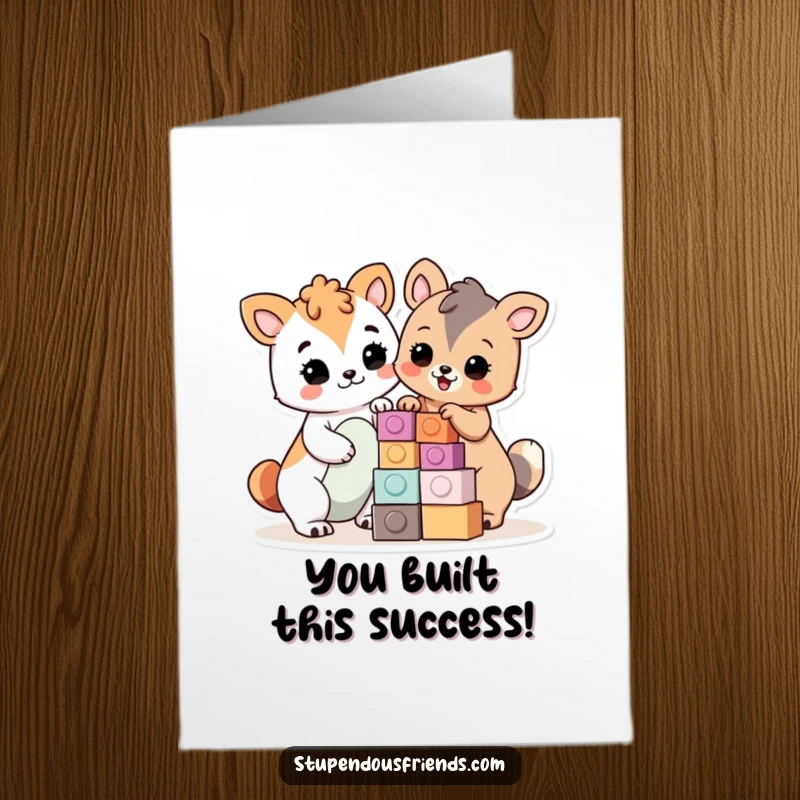 Funny Free Printable Congratulations Card: Two animal characters beam with pride next to a block creation, celebrating a milestone.