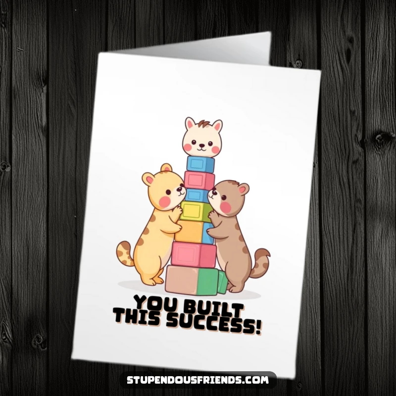 Funny Free Printable Congratulations Card: Animals humorously constructing a colorful block tower, perfect for a downloadable message.