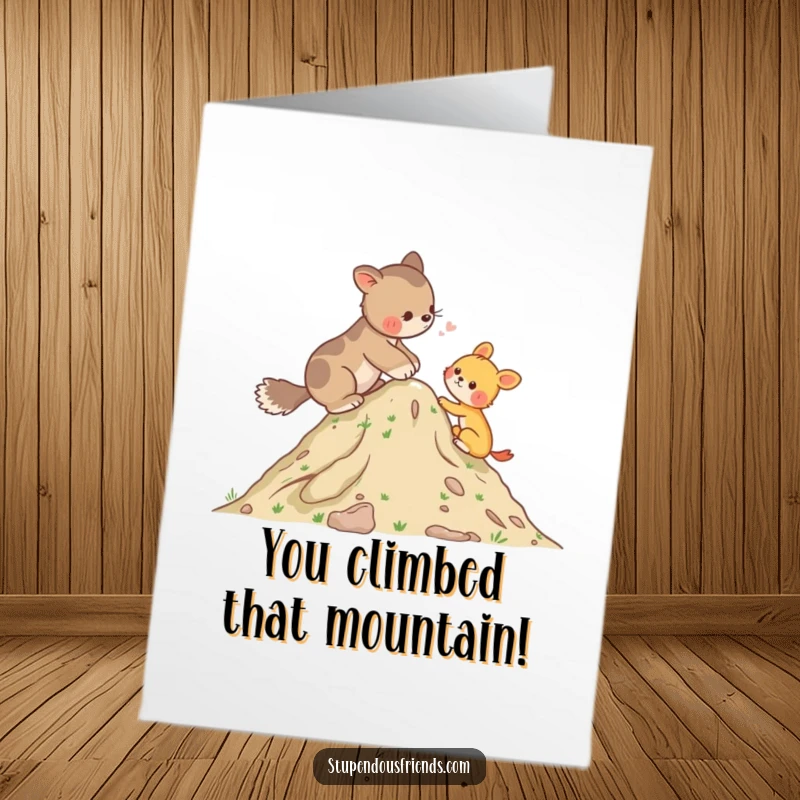 Free Printable Congratulations Card: A helpful animal assists a friend in climbing a small hill, signifying overcoming challenges.