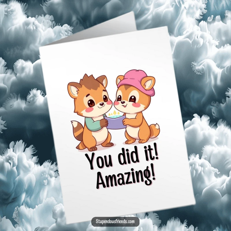 Funny Free Printable Congratulations Card showing two animals marveling at a shared discovery with expressions of pure joy.