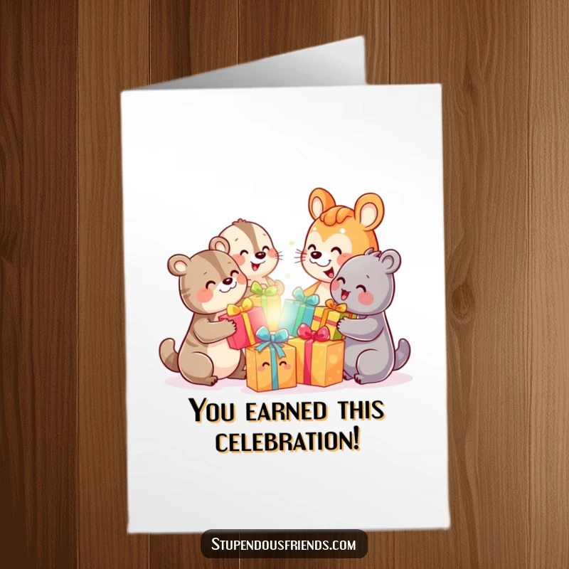 Funny Free Printable Congratulations Card showing cheerful animals happily exchanging vibrant gifts, symbolizing a joyous occasion.