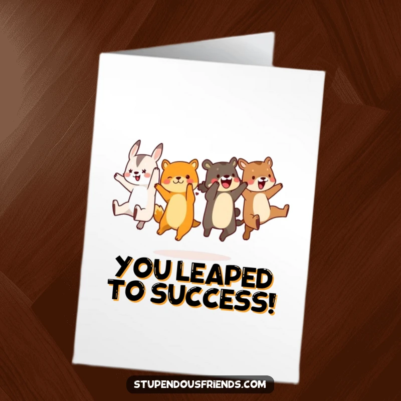 Funny Free Printable Congratulations Card: Animals performing an energetic, synchronized leap, conveying excitement and shared triumph.