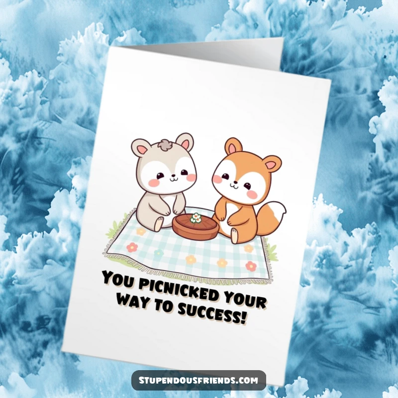Funny Free Printable Congratulations Card: A pair of happy animal characters sharing a picnic blanket, smiling warmly at each other.