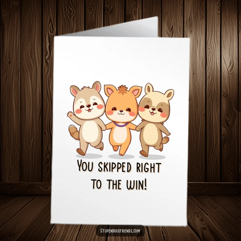Funny Free Printable Congratulations Card: A happy group of diverse animal characters skipping and holding hands, celebrating success.