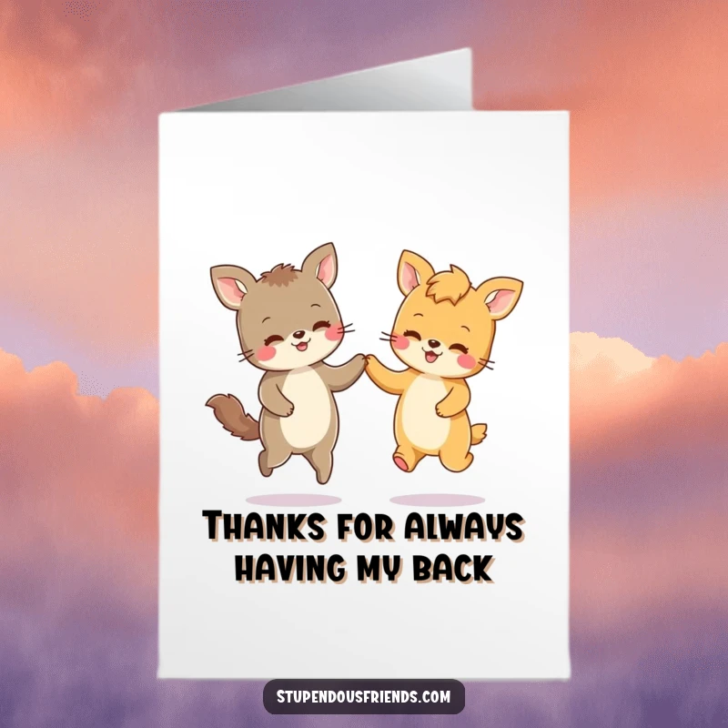 Funny Free Printable Thank You Card with two cute animals holding paws and skipping happily, expressing heartfelt thanks.