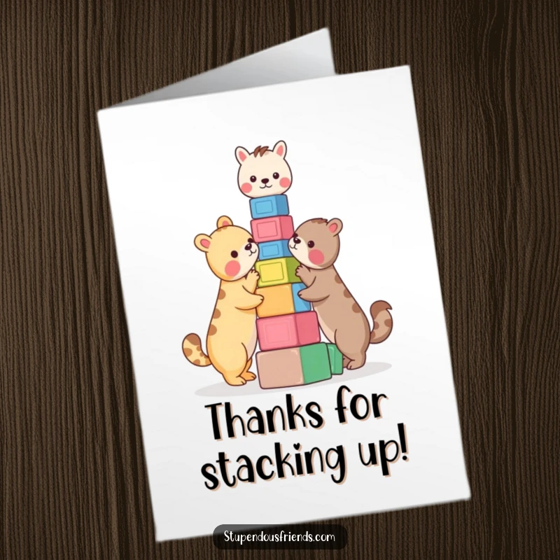 Funny Free Printable Thank You Card: Animals comically building a towering structure of colorful blocks, downloadable art.
