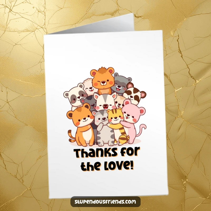 Funny Free Printable Thank You Card: A group of diverse animals sharing a warm, comically oversized hug, downloadable art.