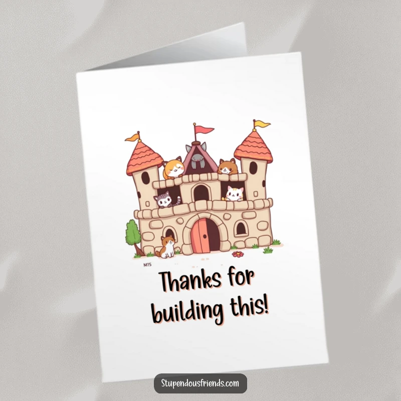 Funny Free Printable Thank You Card: Cute animal friends cheerfully working together to build a cozy and imaginative fort.